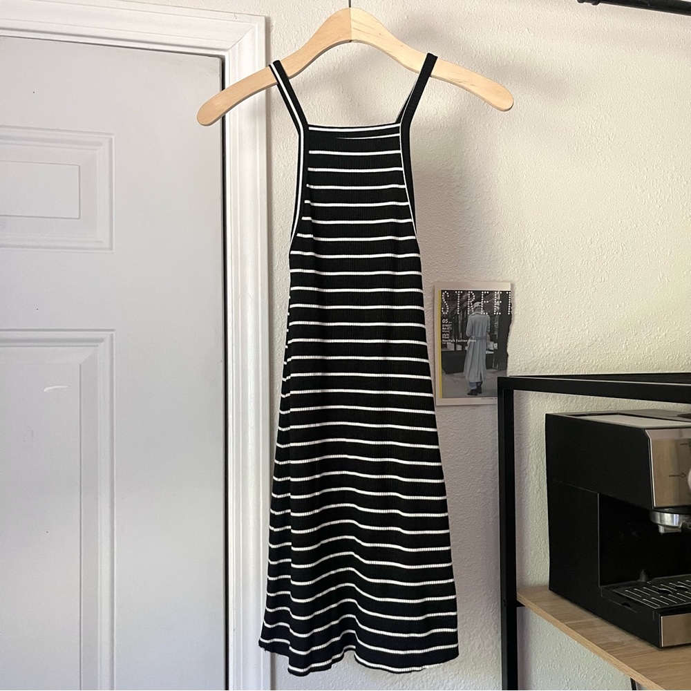 REFORMATION black and white striped modal spandex‎ high square neck mini dress